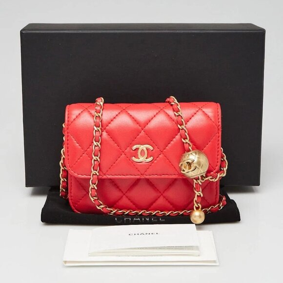 Chanel Red Quilted Lambskin Leather Pearl Crush Mini Clutch Chain Bag - Picture 12 of 12